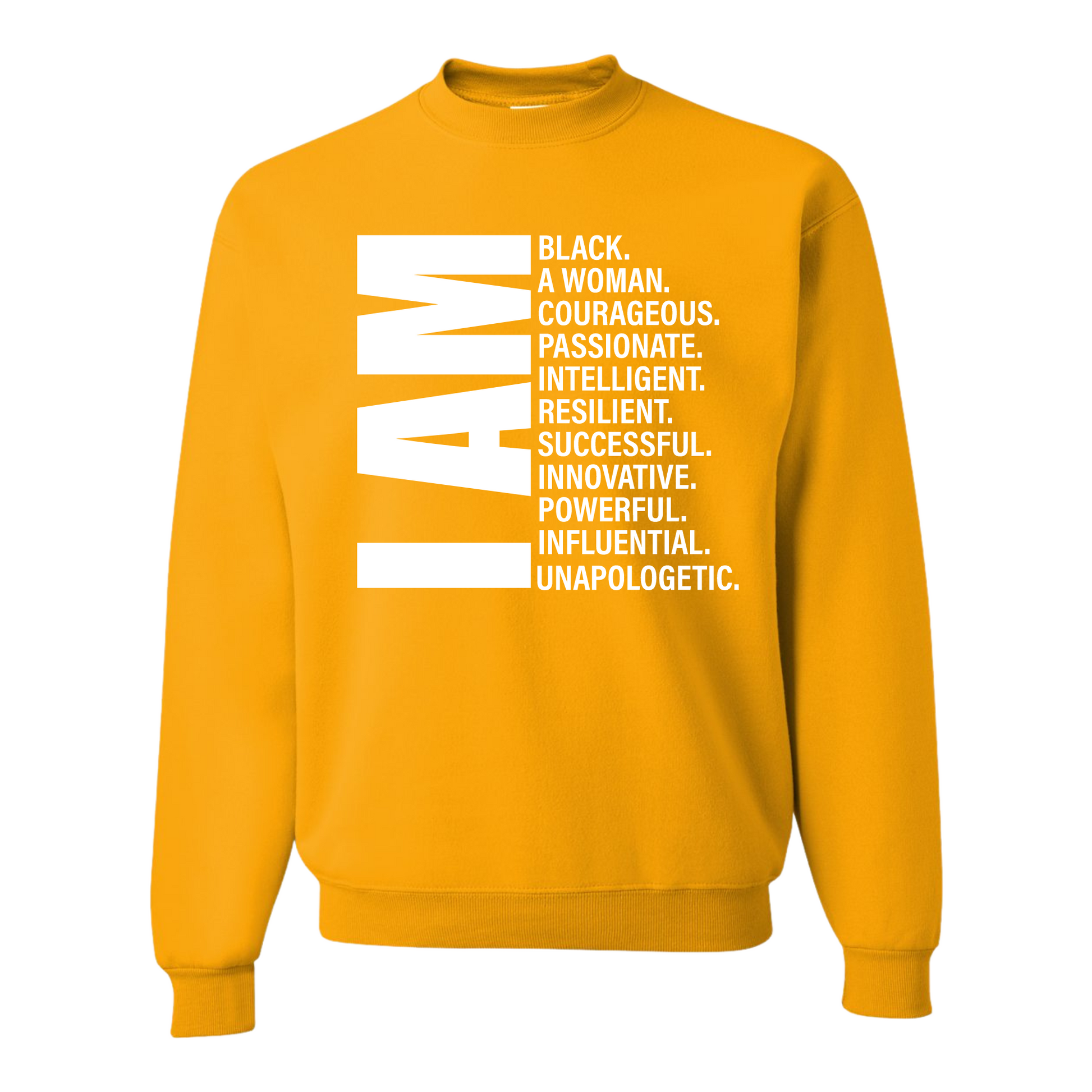 Resiliently Bold I Am Affirmation T-Shirt, I Am Affirmation, I Am Black Man Affirmation, I Am Black Woman, I Am Woman Affirmation, Golden Yellow Crewneck Sweatshirt, Front