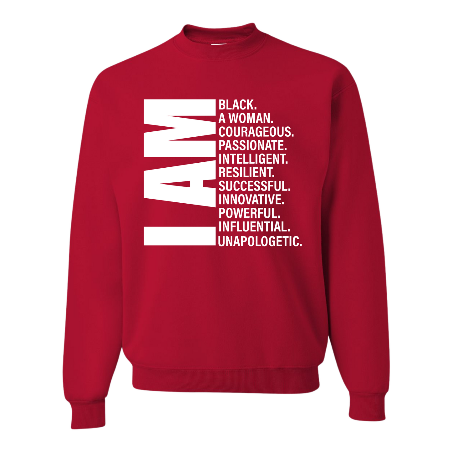 Resiliently Bold I Am Affirmation T-Shirt, I Am Affirmation, I Am Black Man Affirmation, I Am Black Woman, I Am Woman Affirmation, Red Crewneck Sweatshirt, Front