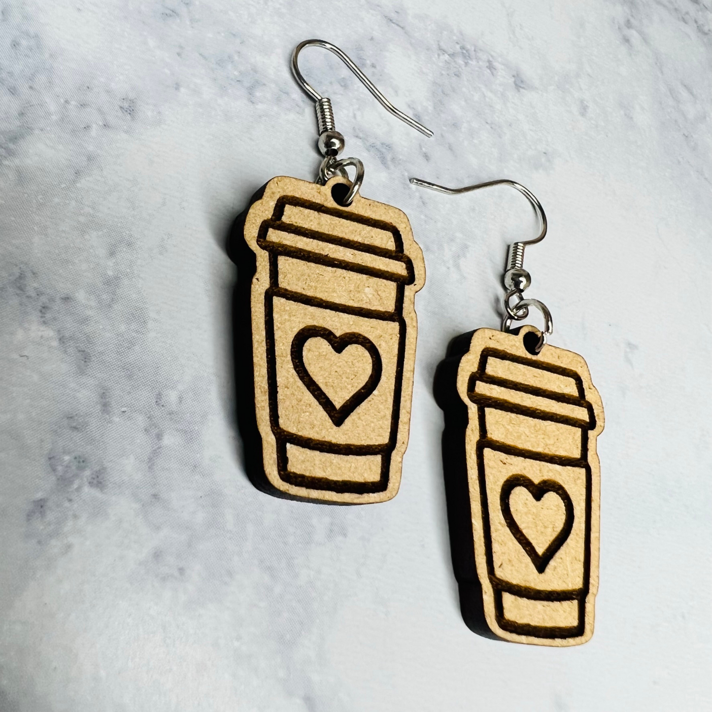 Wooden Coffee Earrings w/ Heart Inside