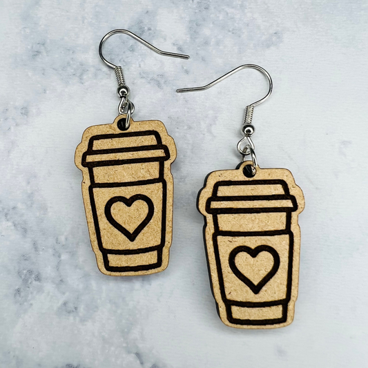 Wooden Coffee Earrings w/ Heart Inside