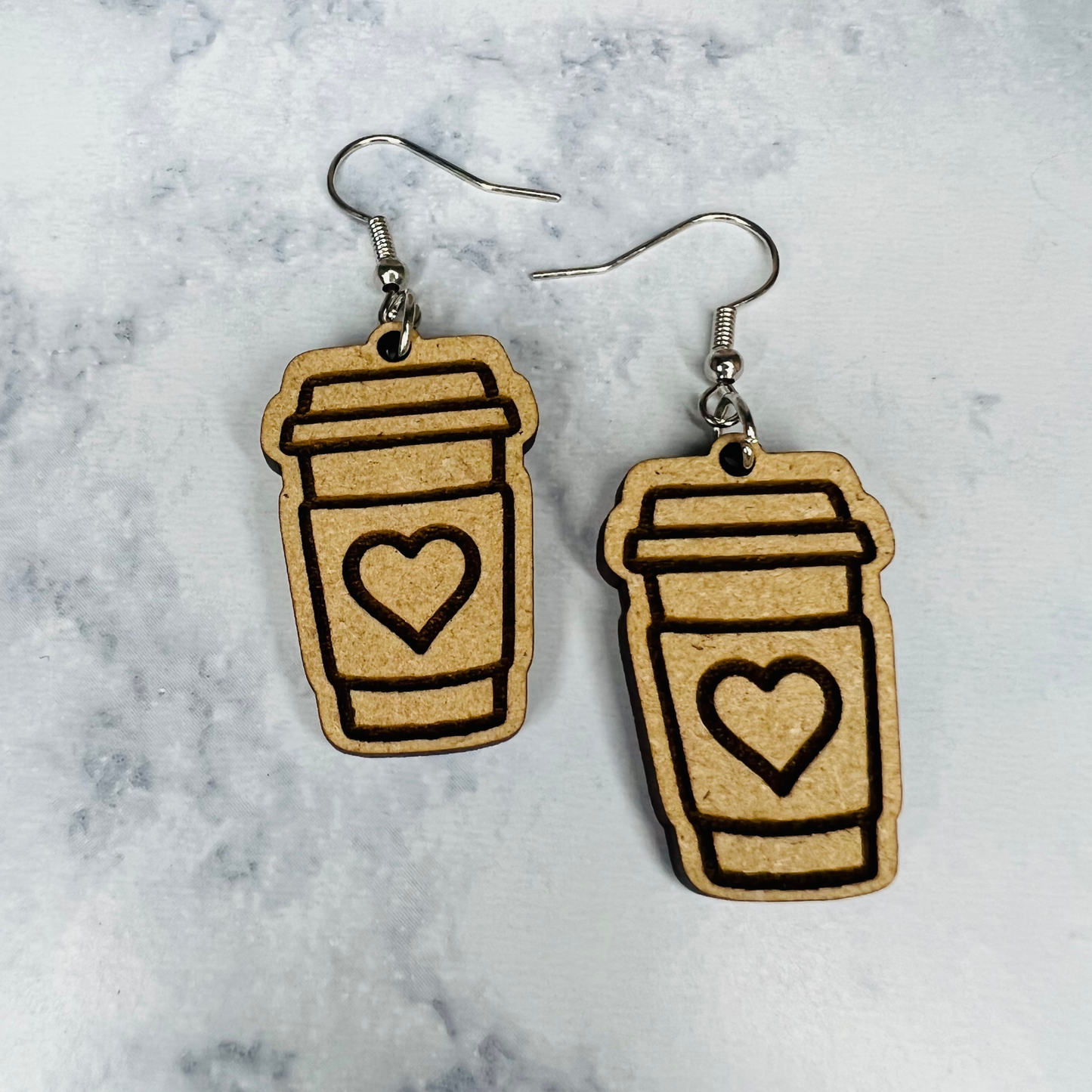 Wooden Coffee Earrings w/ Heart Inside