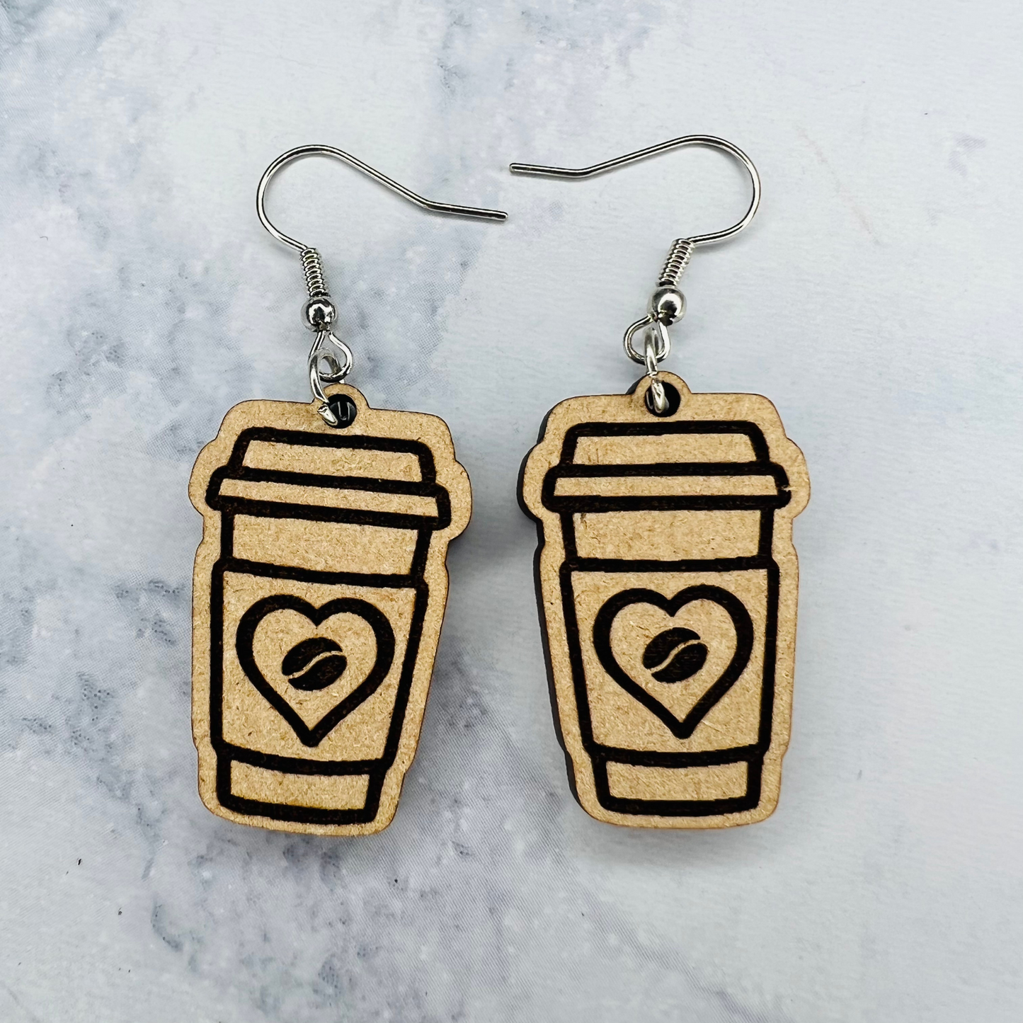 Wooden Coffee Earrings w/ Heart & Coffee Bean Inside