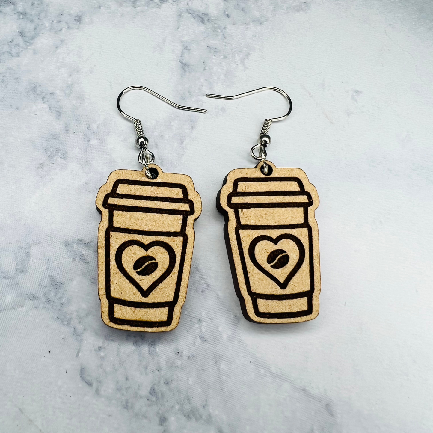 Wooden Coffee Earrings w/ Heart & Coffee Bean Inside