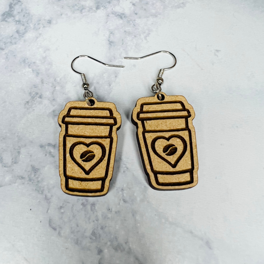 Wooden Coffee Earrings w/ Heart & Coffee Bean Inside