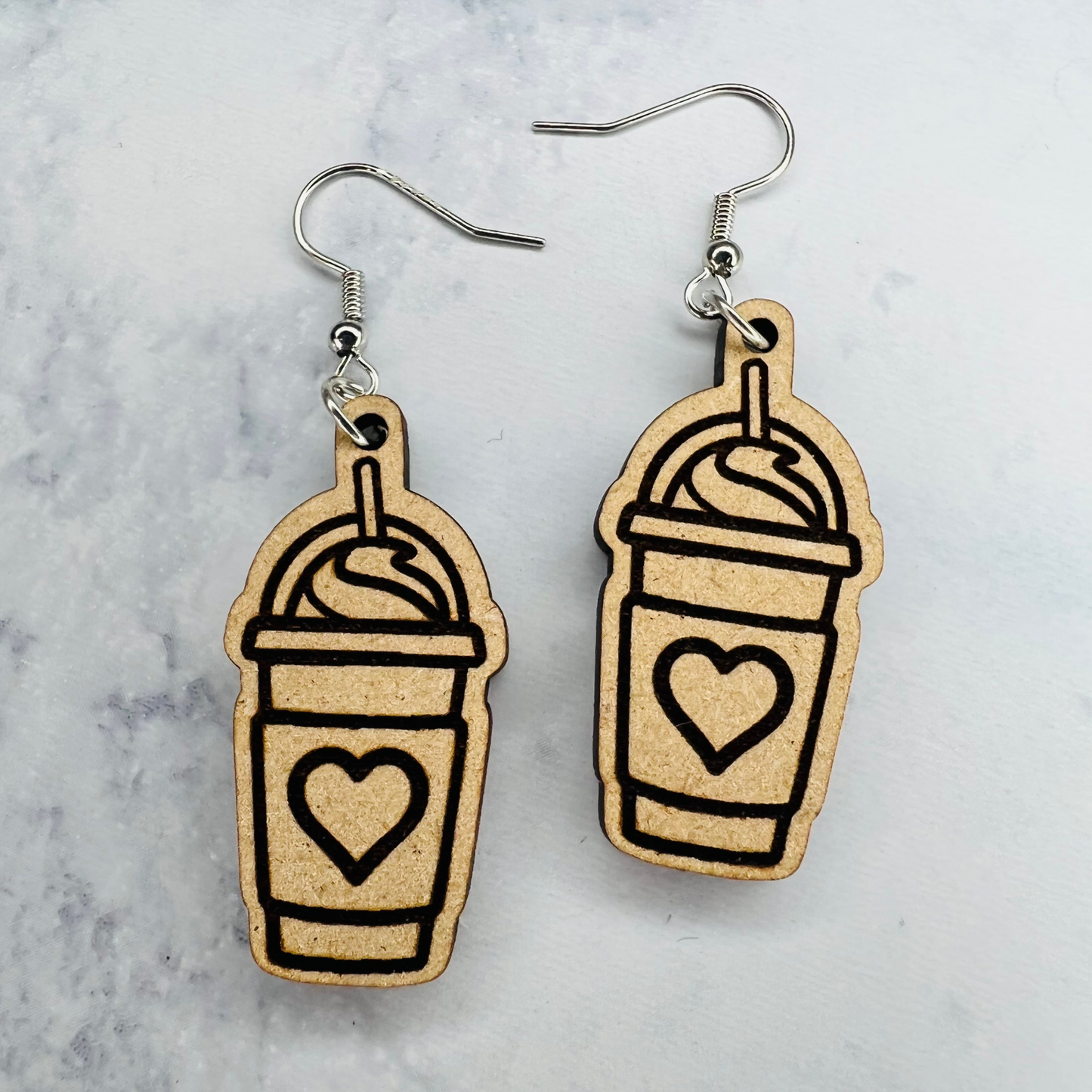 Wooden Latte Earrings w/ Heart Inside