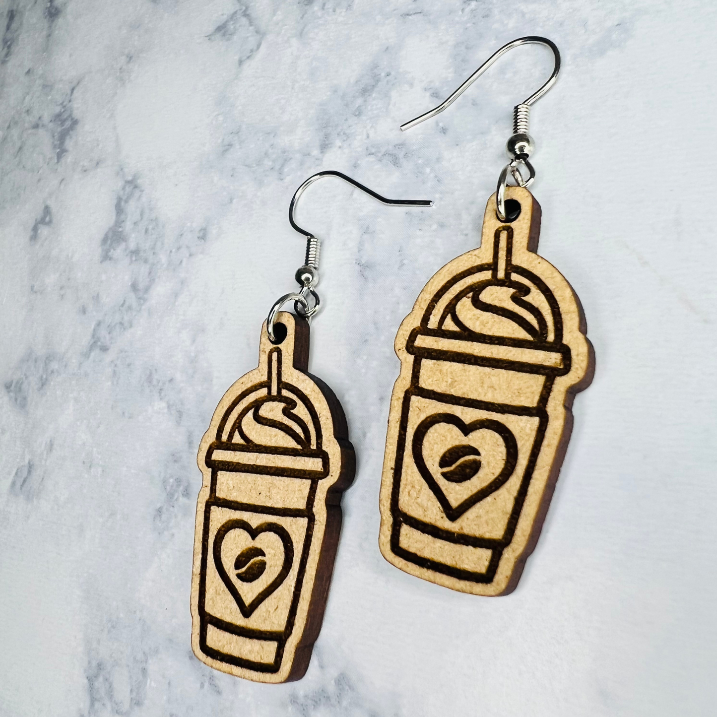 Wooden Latte Earrings w/ Heart & Coffee Bean Inside