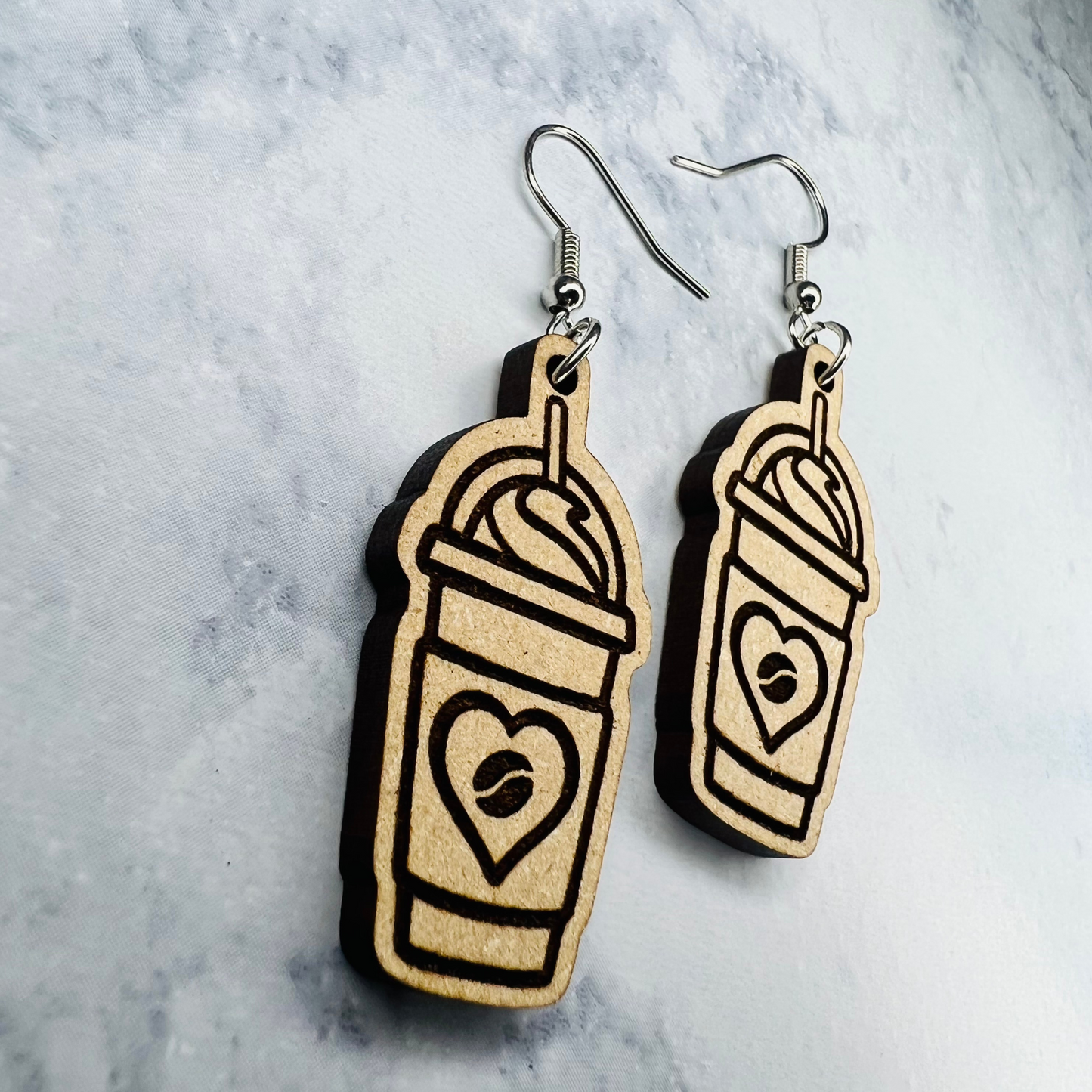 Wooden Latte Earrings w/ Heart & Coffee Bean Inside