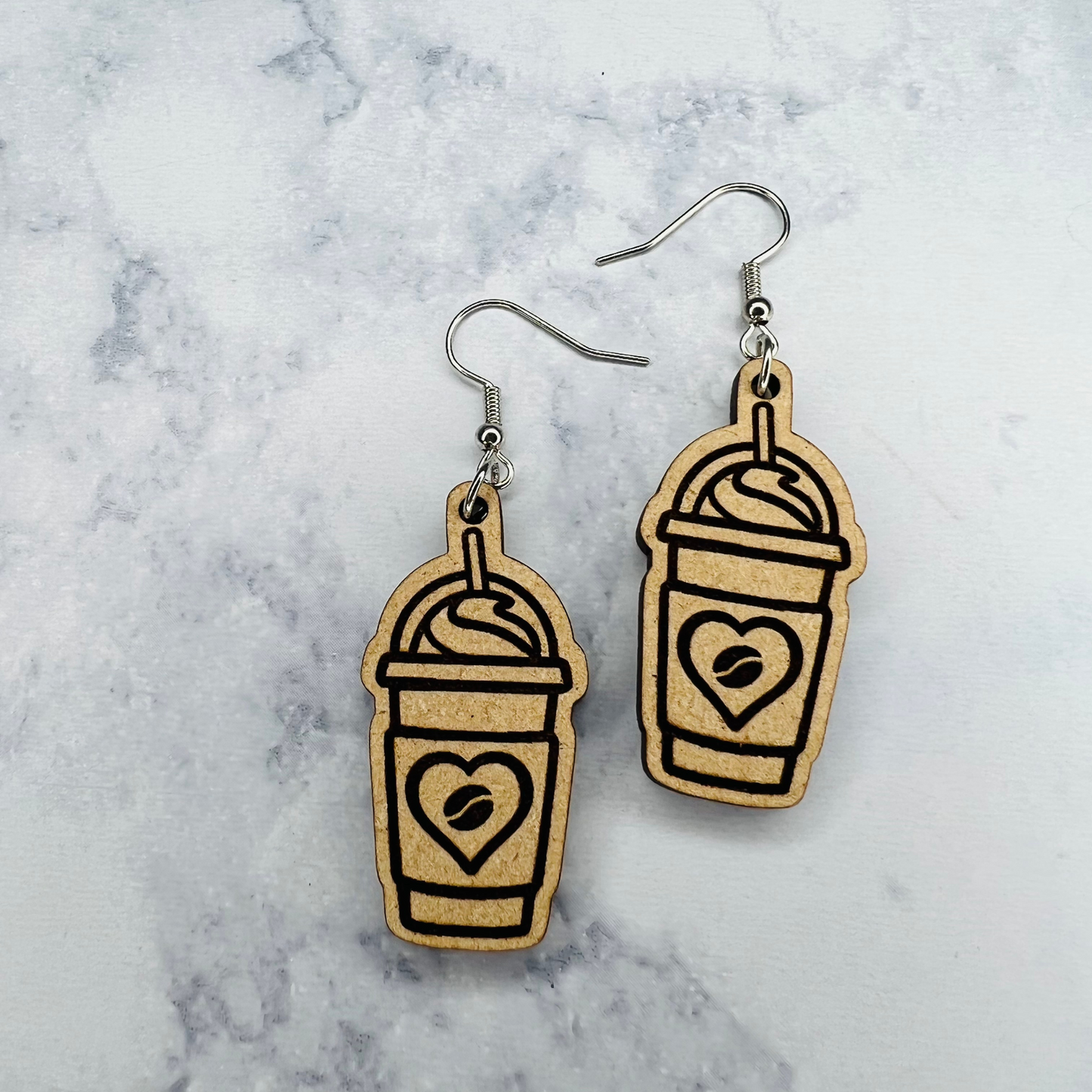 Wooden Latte Earrings w/ Heart & Coffee Bean Inside